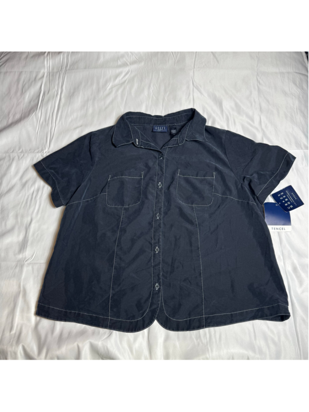 Women's Crazy Horse Button Down Shirt Size 2 Navy Blue White